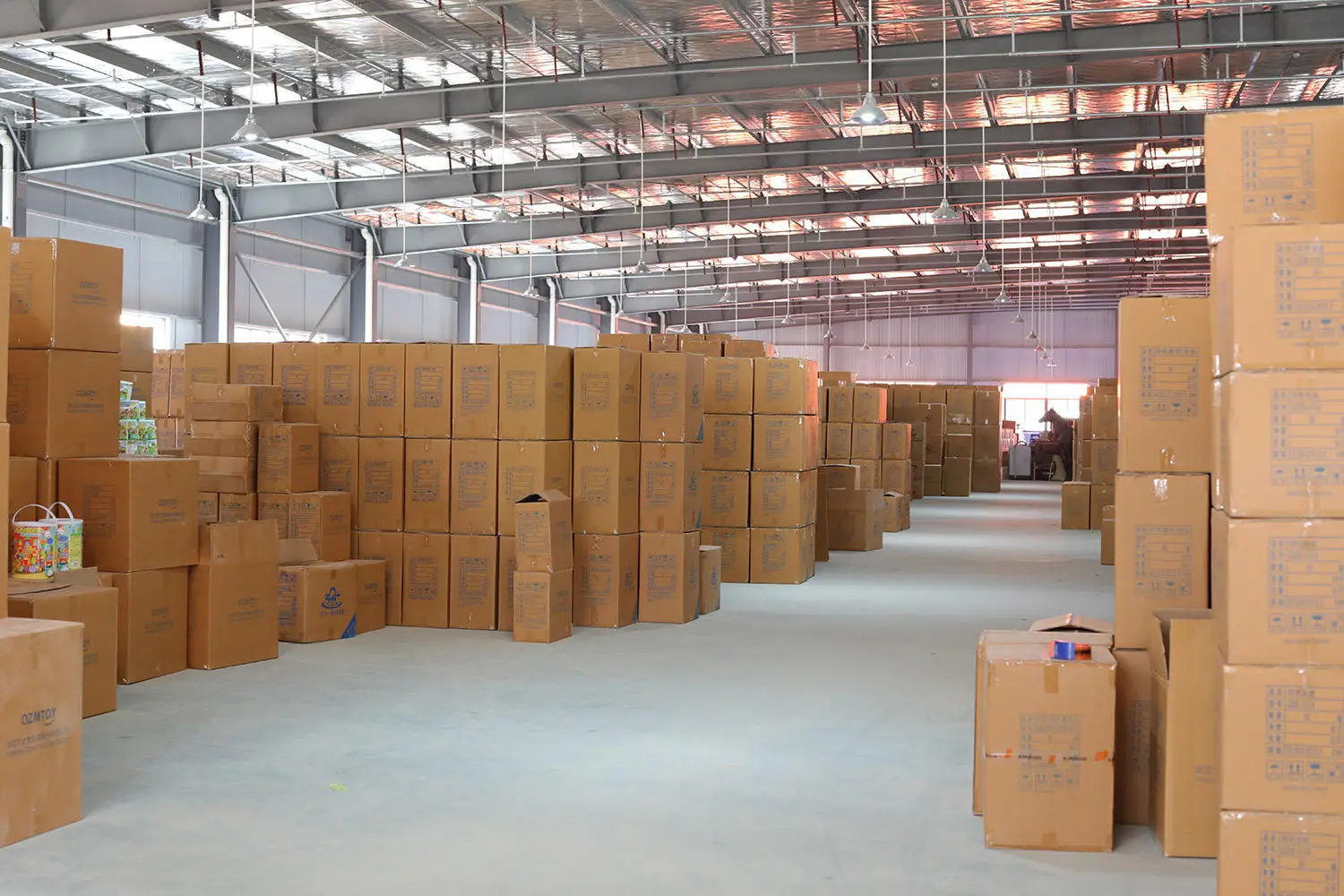 Finished goods warehouse at our Shantou toy factory, ready for container loading
