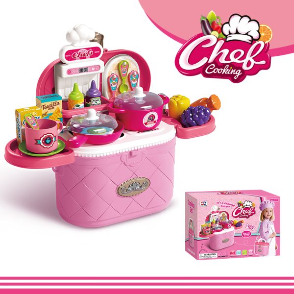 Kids Pretend Play Kitchen Bucket Bag Cooking Set with Play Food and Cookware