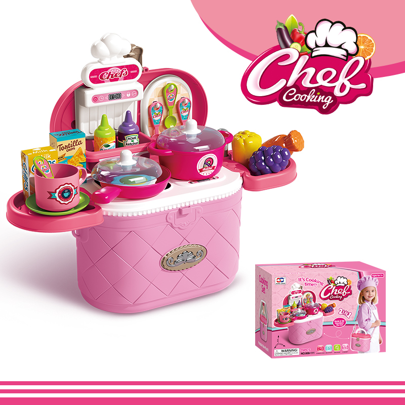 Kids Pretend Play Kitchen Bucket Bag Cooking Set with Play Food and Cookware
