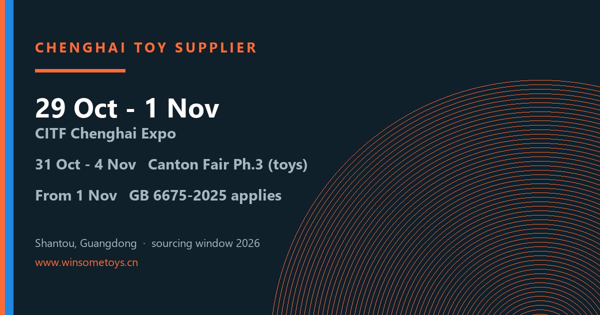 Chenghai toy supplier sourcing window October to November 2026 with CITF expo, Canton Fair phase 3 and GB 6675-2025 dates