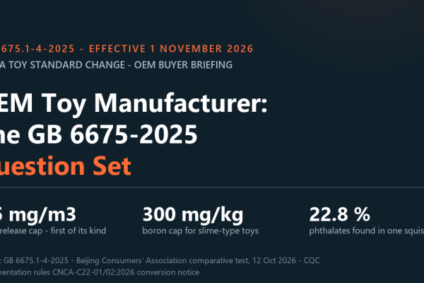 GB 6675.1-4-2025 takes effect 1 November 2026: TVOC 0.5 mg/m3, boron 300 mg/kg, phthalates 22.8 percent found in one squishy toy