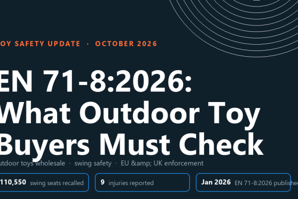 EN 71-8:2026 outdoor toy compliance header showing 110,550 swing seats recalled and 9 injuries reported