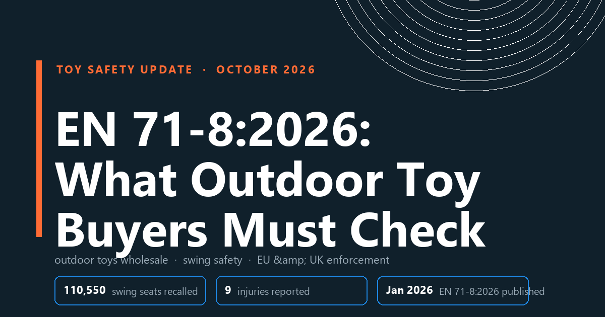 EN 71-8:2026 outdoor toy compliance header showing 110,550 swing seats recalled and 9 injuries reported