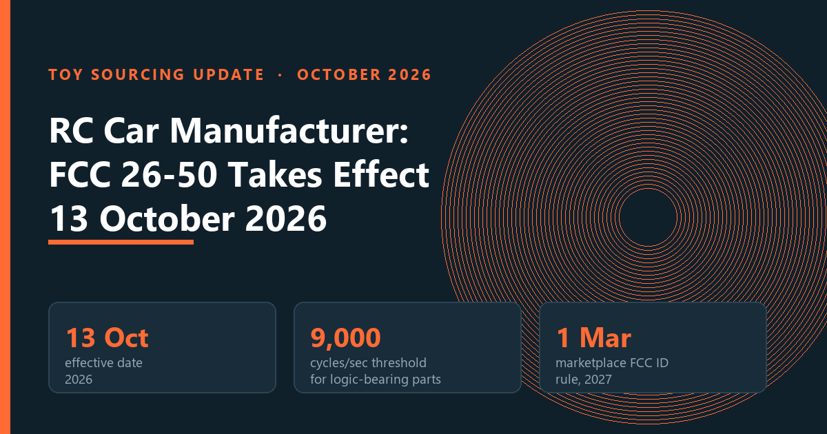 RC car manufacturer compliance checklist: FCC 26-50 effective 13 October 2026, 9,000 cycles per second logic-bearing component threshold, marketplace FCC ID rule from 2027
